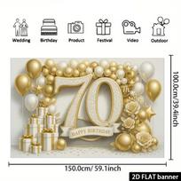 2D 2D Flat 70th Birthday Banner, Golden Balloon Scene for Party, Wedding and Outdoor Events 47.2x31.5inch/120*80cm