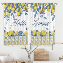 Rustic Lemon Kitchen Curta, Farmhouse Yellow Fruit Drapes With Blue Leaves, Rod Pocket Retro Summer Window Panels 53x116cm 2pc21x46in&Without mount