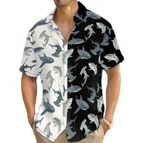 Summer Fashion Men's Large Size Shark Print Contrast Color Casual Button Shirt Street Hip Hop Party Men's Shirt Oversized Tops S