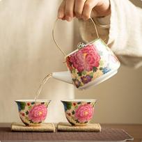 Enamel GoldenTrimmed Teapot Trim Floral Decorative Design Chinese type Tea Pot with Cups