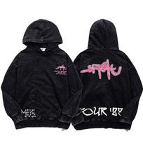 Travis Scott Utopia Tour Su Gobtuvu Megztinis Abstrakčios Raidės Skalbtas Vintažinis Vintažinis Twirl Hoodie M skalbtas juodos spalvos
