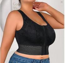 Women Front Buckle Wireless Breathable Hollow Lace Gathered Shaping Bra 0XL juoda