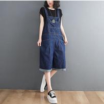 Summer Denim Shorts Jeans Overalls Women Korean Baggy Pockets Wide Leg Jumpsuits Rompers Womens Sleeveless Suspender Pants S tamsiai mėlyna spalva
