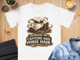 Running On Caffeine And Horse Hair T-Shirt, Coffee Lover Rider Tee, Western Equestrian Apparel, Rustic Cowboy Cowgirl Gift, Horse Riding S