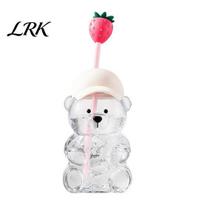 Odor-free Rubber Accessories Cute Bear Glass Cup with Straw & Lid, 500/591ml Plastic/Glass Water Bottle for Transparent Drink Cold/Hot Drinks, Pattern rožinė
