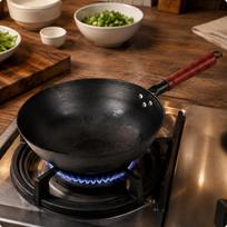 Uncoated Cast Iron Wok Handmade Non Kitchen Cookware for, Open Flame 30 Round Bottom
