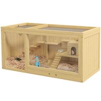 Wooden Hamster Cage with Water Bottle, Platforms, Openable Roof, Sliding Tray, Hut, Seesaws, Natural Wood Finish 100 x 50 x 50 cm