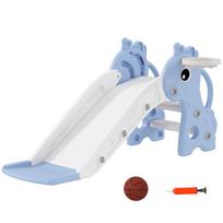 3 in 1 Kids Slide with Climber, Basketball Hoop and Ball, Giraffe Shape Climber Slide for Indoor Kids Age 1-3, Blue 106 x 51.5 x 52 cm