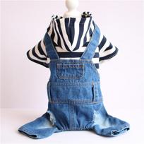 Striped pet onesie small puppy dog clothes denim four-legged overalls spring and autumn winter XS