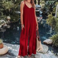 Women's Solid Ribbed Knit Spaghetti Strap Jumpsuit Casual Loose Wide Leg Overall with Pockets S raudona
