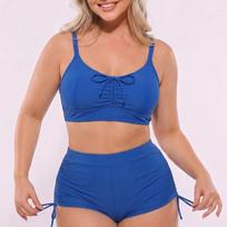 Women's Plus Size Two Piece Bikini Set Solid Drawstring Swimsuit L mėlyna