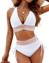 Women's Swimsuit Solid Color Stitching Sexy High Waist Drawstring Tie Split Swimsuit Bikini Suit Beach Wear S balta
