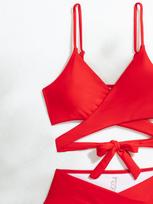 Women's Swimsuit Sexy Solid Color V-neck Bikini Split Swimsuit Cross Swimsuit S raudona