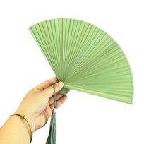 Solid Color Folding Bamboo Fan Portable Kimono Fan Fashion Tassel Folding Fan  Home Decoration Green