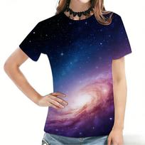 3D Galaxy Nebula Print Crew Neck T-Shirt, Women's Aesthetic Space Casual Summer Top S