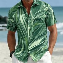 Bestselling Men's Palm Leaf Beach Shirt, Wavy Line Design, Casual Summer Vacation Beach Vacation Casual Wear S