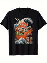 Men'S Japanese Sushi Graphic T-Shirt - Black Crew Neck Tee with Salmon, Nori & R S