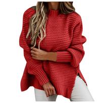 Women Loose Casual Stitching Long-Sleeved Knitted Sweater XL raudona