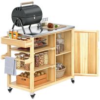 Outdoor Kitchen Island, Grill Cart with Cabinet and Shelves, Kitchen Cart Made of Wood and Stainless Steel, with Casters, Natural Wood 134.5 x 50 x 91.5 cm