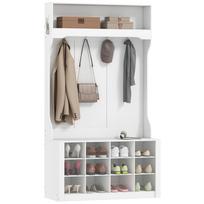 Hallway Coat Rack with Shelf, Bench, Hooks, Shoe Compartments, Particleboard, MDF, White 100 x 35 x 172.2 cm balta