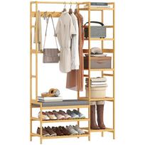 Coat Rack with Shoe Rack, Clothes Hooks, Coat Stand, Bench with Cushion, for Hallway, Entryway, Natural Wood 104 x 33 x 175 cm