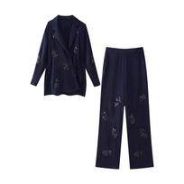 Madingas atlasinis kimono paltas 2 dalių kostiumas Elegantiškas blizgučiais kelnių rinkiniai moterims, didelio dydžio drabužiams L