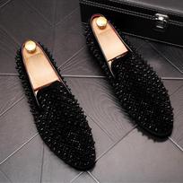 Fashion mens casual singer stage DJ dress rivets shoes slip-on cow suede leather shoe black gold  designer summer loafers footwear 235 juoda