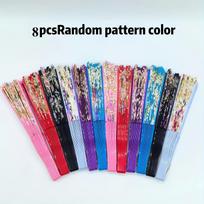 8pcs Golden Powder Folding Cloth Surface Plastic Folding Fan Portable, Various Patterns Randomly Matched 8pcs