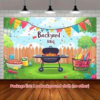 2D BBQ Party Background Cloth, Cartoon Grill and Backyard Decor 47.2x31.5inch/120*80cm