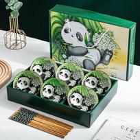 Panda Blue & White Ceramic Dinnerware Gift Set (6 Bowls, 6 Chopsticks)