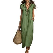 Summer Sleeveless Maxi Dress for Women Casual Deep V Neck Ruffle Long Dress Boho Beach Flowy Sundress with Pockets XXL armijos žalia spalva
