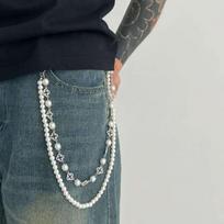 IngeSight.Z Exquisite mitation Pearl Rhinestone Flower Jeans Pants Chain Men 2026 New Gold Color WalletKey Chain Hip Hop Jewelry