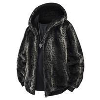 Men's Autumn and Winter Stand-up Collar Fleece Casual Jacket Plus Velvet Hooded Leopard Cardigan Fashion European and American Loose Plush Jacket S