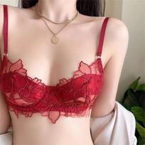 Women Sexy Lace Ultra Thin Breathable Bra For Large Chest S raudona