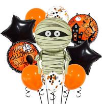 Ten-piece Halloween-themed foil balloon set with pumpkins and skulls for party decoration, bar celebrations, and photo props