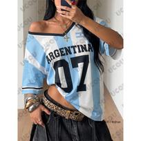 Vasaros Naujas Dryžuotas Argentinos Nr.7 Spausdintas Marškinėliai Moterims Trumpomis Rankovėmis V-Kaklo Sportiniai Marškinėliai Futbolo Džersis Y2K Laisvas Dydžio Viršus S