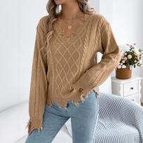 Women's Casual Color V-Neck Cable Knit Long Sleeve Sweater for Everyday Wear L