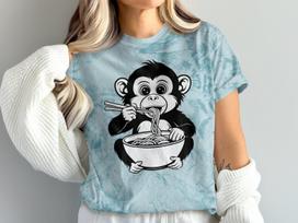 Cute Monkey Eating Noodles Graphic Tee, Fun Cartoon Animal T-Shirt, Adorable Ape Design, Unique Noodle Lover Shirt, Cool Casual Wear XL