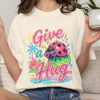 Give a Hug Ladybug Shirt, Preppy Summer Graphic Tee, Cute Ladybug Shirt, Colorful Beachy Vacation Tee, Trendy Tropical Womens Tshirt M