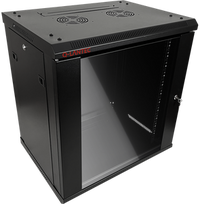 Pakabinama lentyna 19" 12U 600x450, (dvigubos sekcijos variantas) vienos varčios stiklinės durys, nuimamas pilnas galinis dangtis, nuimami pilnai šoniniai dangčiai, rakinamas, 4 sijos, spalva juoda, ALANTEC