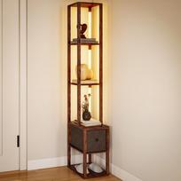 LED grindų lempa su lentynomis, reguliuojamas ryškumas, kojinis jungiklis miegamajam, rustic rudos spalvos 43.5 x 26.5 x 169 cm