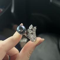 Tahitian Temperament Black Pearl Feather Ring Opening Design High-End Temperament High Carbon Diamond Opening adjustable
