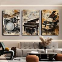 3 pieces of retro drum art canvas decorative paintings, modern minimalist living room, study room wall decoration, music theme, (as the picture,20x30cm No Frame) gray