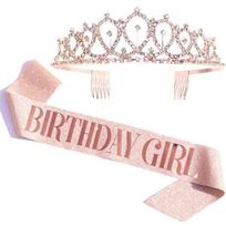Gimtadienio juosta, tiara, karūnos rinkinys moterims, mergaitėms, saldi gimtadienio vakarėlio dekoracija, suvenyras, dovana CDN Girl rožinė