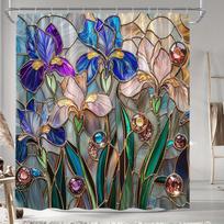 Stained Glass Iris Flowers Shower Curtain - Polyester, Purple Pink Blue Blooms, Golden Accents & Gem Beads,  Fashion Bath Decor (as the picture,W90XH180cm)