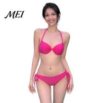 Sexy Bathing Suit Women Solid Color Bikini Set, Summer Two Piece Swimsuit, Halter Tie Underwire Top Slimming Beachwear & High Cut Bottom, for S rožinė raudona spalva