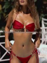 2026 Solid Color Lace-Up Bikini Set: European & American Style Women's Swimwear Extra Large raudona