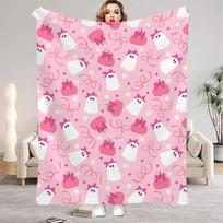 Pink Blanket Happy Halloween Lovely Ghost Pumpkin Flannel Blanket for Home Living Room Bedroom Halloween Decor Birthday Gift 75x90cm