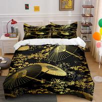 Golden Umbrella and Floral Black Bedding Set Bedding set (1 duvet cover, 2 pillowcases, duvet not included) 135x200cm