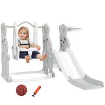 4-in-1 Play Set for Toddlers, Slide, Swing, Climbing Frame, Basketball Hoop, Plastic, Bunny Design, Grey 160 x 147.5 x 107 cm